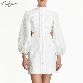 

Ailigou 2020 New Runway Summer Sexy Party Hollow Waist Mini Dress Women Elegant Lantern Sleeve Embroidered White Dress
