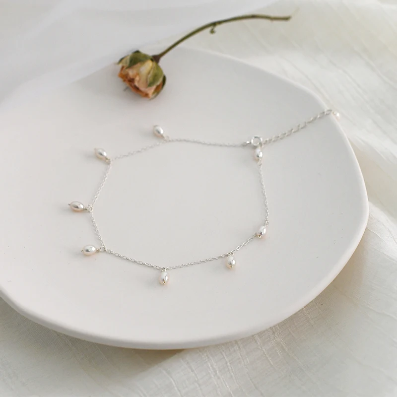 Natural Freshwater Pearl 925 Sterling Silver Anklets For Women 3-4mm pearl Foot Jewelry Silver Female Leg Chain For ASHIQI anklet bracelets silver anklets ankle chain