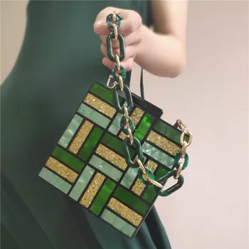 

Green geometric contrast color stitching handmade acrylic square box chain crossbody bag handbag evening clutch bag
