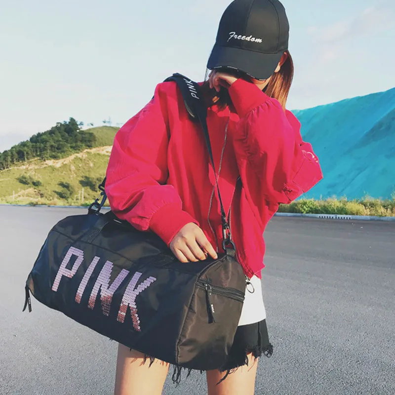 Женская Черная Дорожная сумка розового цвета с блестками, сумки на плечо для женщин, водонепроницаемая сумка, переносная нейлоновая сумка-тоут для выходных