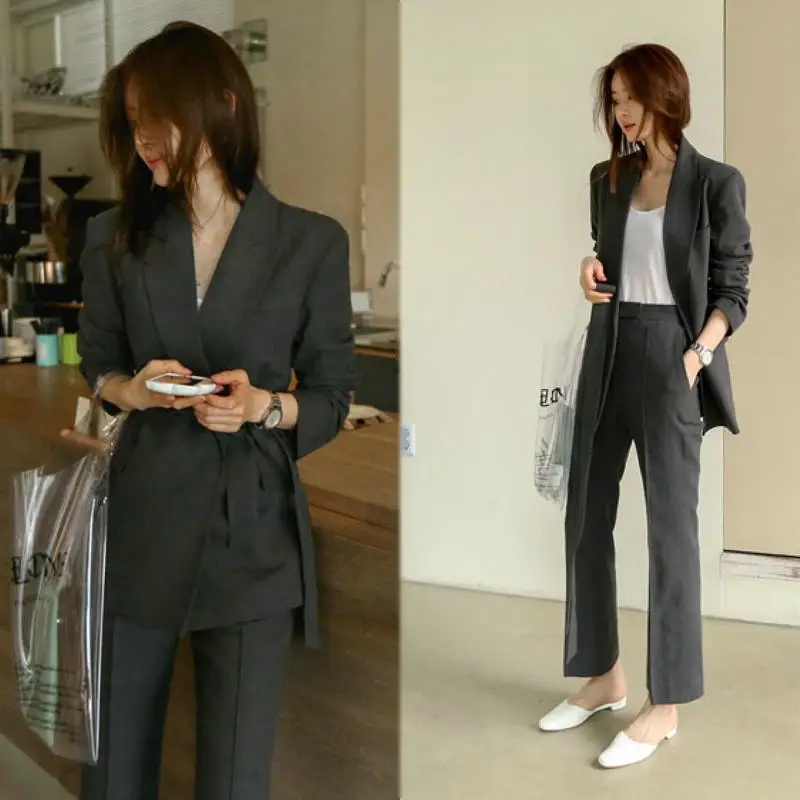 Dark Grey Shijia шикарный комплект из 2 предметов брюки женские костюмы зубчатый блейзер с воротником куртка+ брюки с высокой талией уличная офисная одежда женский костюм осень - Цвет: Dark Grey