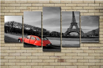 

Hot Selling Home Decor Print oil painting Wall Art Decorations Wall Canvas, 5 Pieces Eiffel Tower and the red car