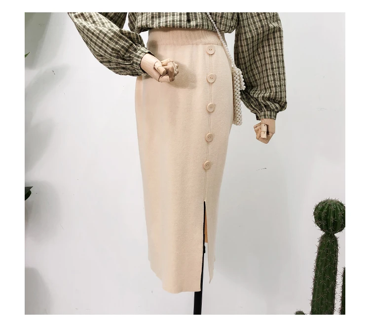 Корейские юбки женские однорядные пряжки открытый эластичный пояс Женская Осенняя Высокая талия вязаная юбка элегантная