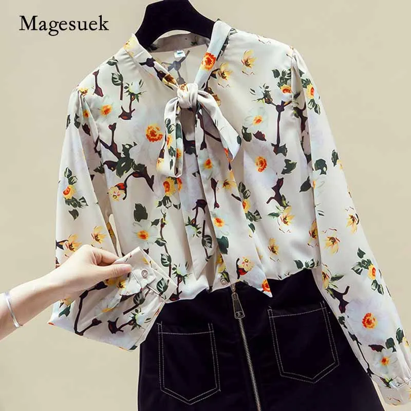 Autumn Casual Lace Up Bottoming Shirt Cardigan New Women's Floral Long Sleeve Korean Style Printed Chiffon Blouse 11154 | Женская