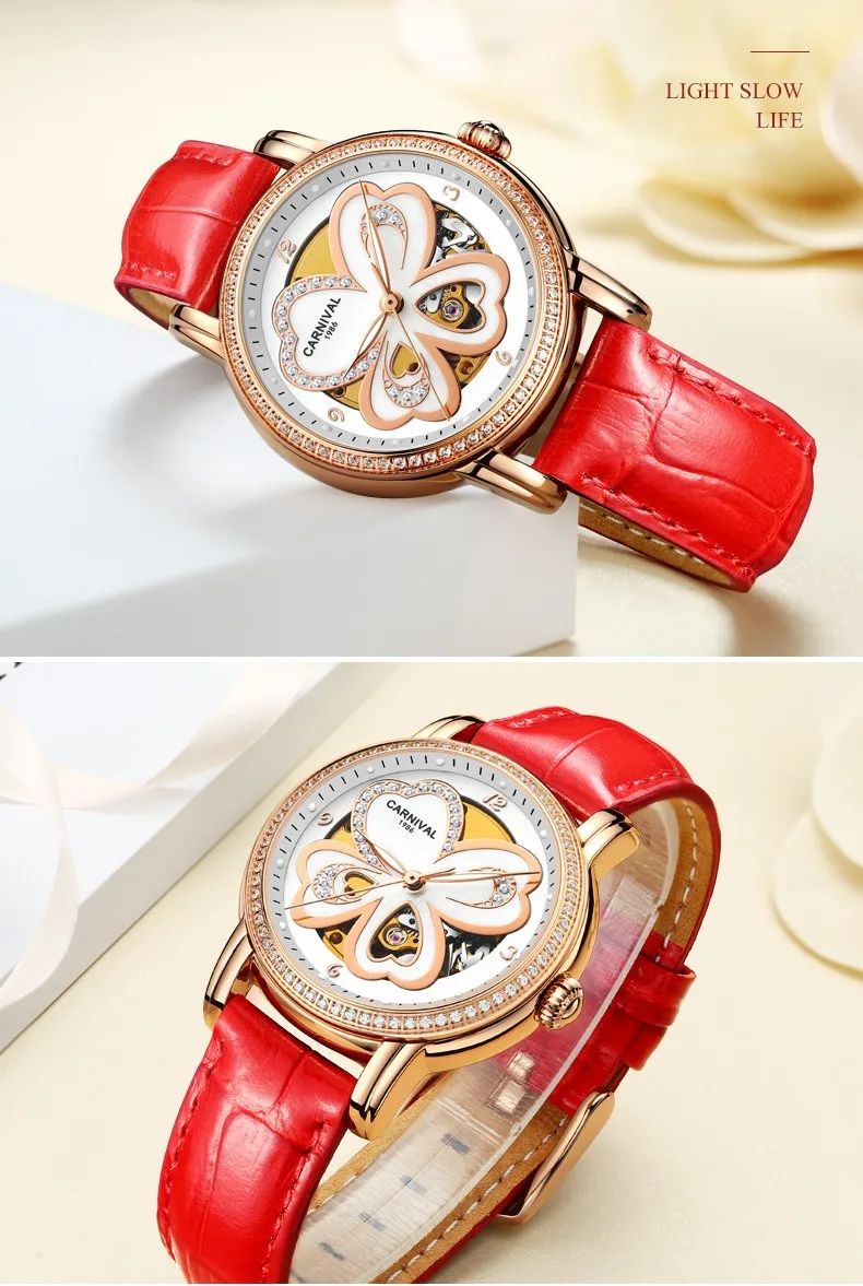 KARNEVAL режим Frauen Uhren Leder High end Tourbillon Mechanische Uhr Frauen светящийся сапфир вассердихт Montre femme