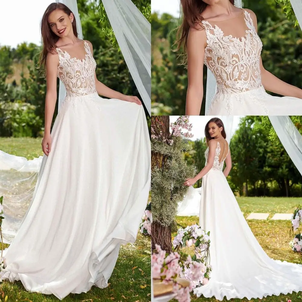 

Elegant Beach Wedding Dresses Sheer Nack Lace Appliques Wedding Dresses Custom Made Plus Size Bridal Gowns vestido de noiva