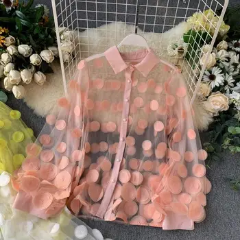 

Fairy Women Autumn Perspective 3D Flowers Shirts Chic Appliques Blouses Sexy Mesh Spliced Single-breasted Crop Tops Blusas