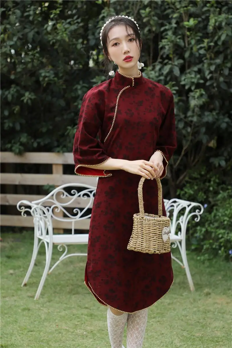 Chinese style dress red printing qipao qiu dong modified dress of the republic of China