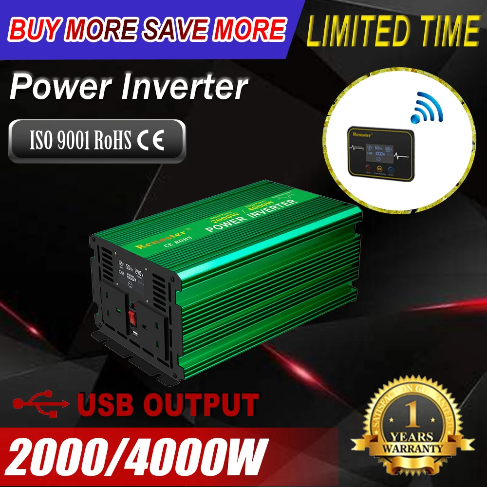 

Renoster inverter 12v 220v wireless power inverter 2000/4000W modified sine wave with remote control off grid inverter outdoor