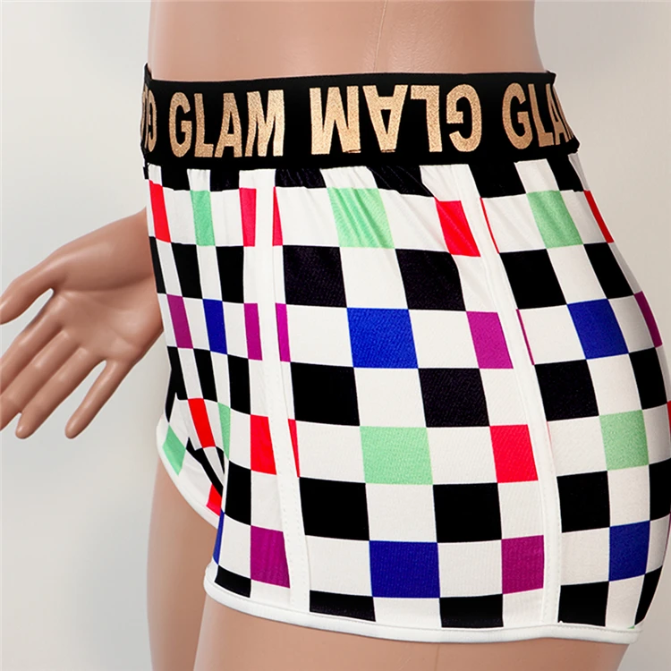 TY7014 sexy contrast color plaid spaghetti strap plaid sports bra shorts two piece set