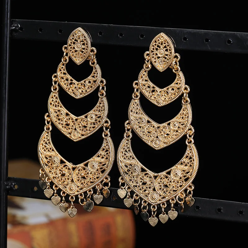 Dubai metal vintage earrings jewelry hand carved hollow flower court