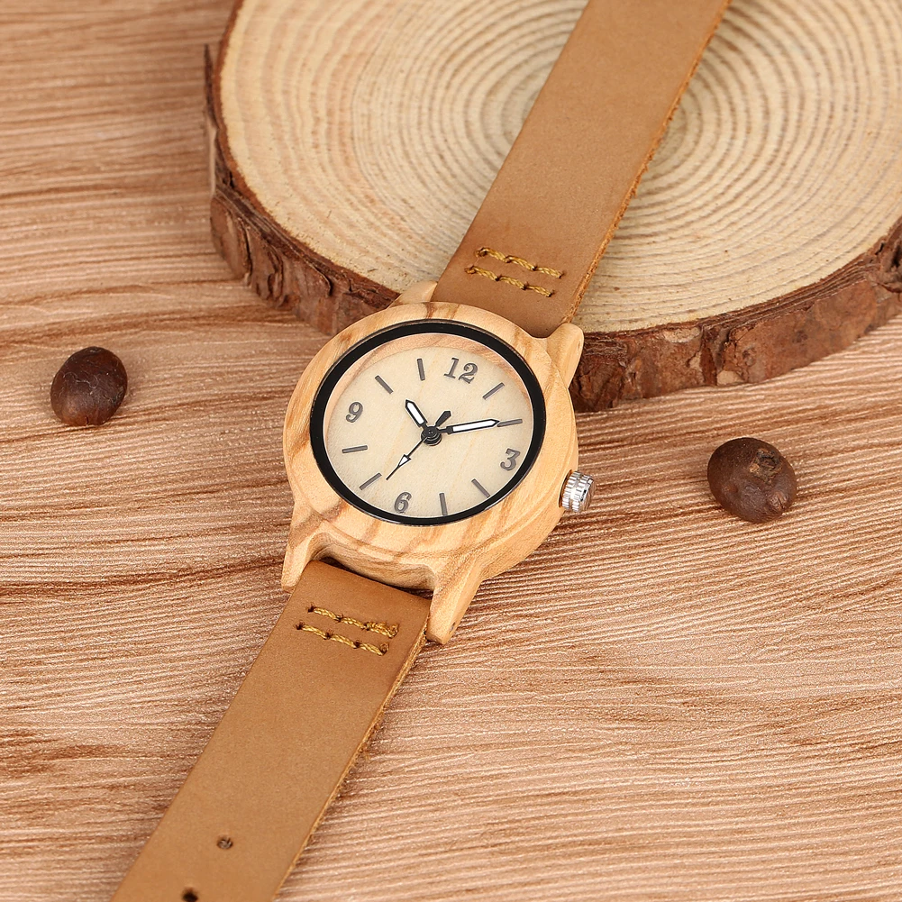 Коричневый корпус деревянные часы практичный кожаный черный ремешок деревянные часы маленькие арабские цифры ультра-легкие деревянные часы женские подарки