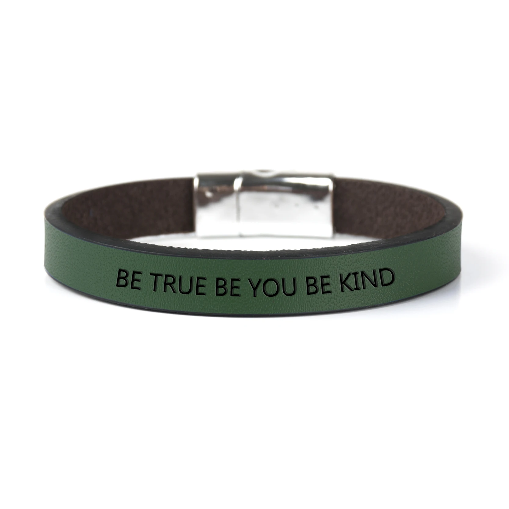 BE TRUE BE YOU BE KIND кожаный браслет сообщение манжеты браслеты для женщин мужчин кнопки браслет с мантрой манжета ручной цепи - Окраска металла: Green