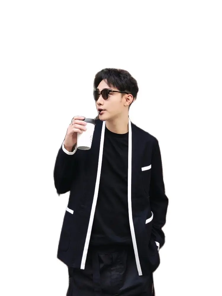 

XS-6XL 2022 Men's New Fashion Original Design Model British Handsome White Edge Splicing Suit Jacket Plus Size Costumes