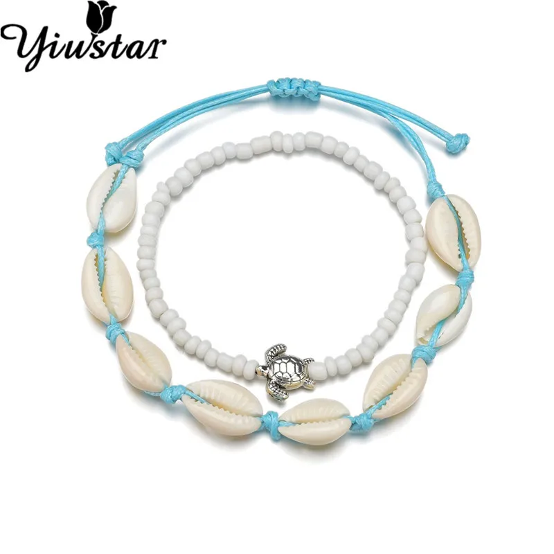 Yiustar двухслойный Boho Shell Beads браслет на лодыжке для женщин летний натуральный корпус для ног Ювелирные украшения на нитке цепочке милые аксессуары для ног