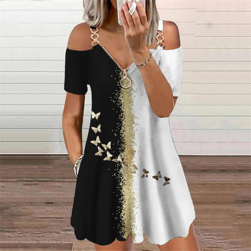Butterflies 3D Print Elegant Fashion Dress Women's Clothing 2021 Summer Zipper V-Neck Off Shoulder Casual Mini Dresses Oversized 1