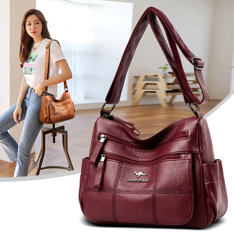 

Plaid Women's Bucket Bag Female Handbags Vintage Soft Leather Crossbody Bags Large Qulaity Multi Pocket Ladies Shoulder Bag Sac