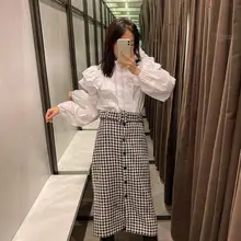 Зимняя Рабочая клетчатая юбка с высокой талией, Женская юбка-карандаш средней длины с поясом, однобортные прямые юбки