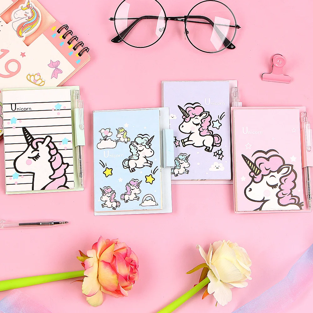 Kawaii Единорог портативный блокнот для записей с ручкой Студенческая бумага