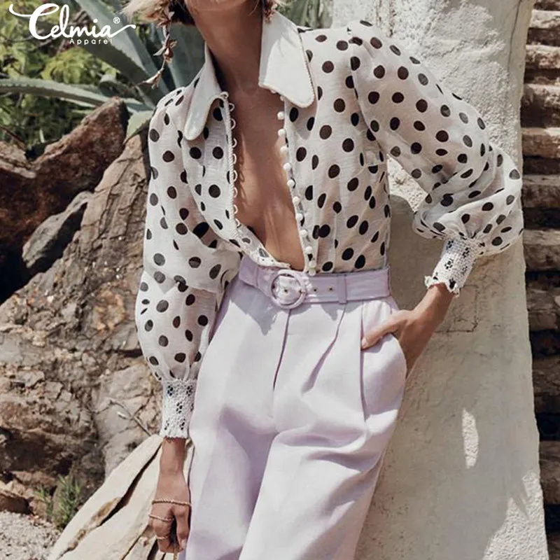 2020 Celmia Women Point Dot Blouse Elegant OL Shirts Long Sleeve Buttons Casual Loose Work Party Top Plus Size Blusas Femininas 2020 Celmia Women Point Dot Blouse Elegant OL Shirts Long Sleeve Buttons Casual Loose Work Party Top Plus Size Blusas Femininas
