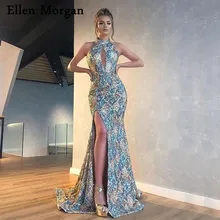 Длинное платье для выпускного вечера с лямкой на шее в стиле Русалочки; коллекция года; черные вечерние платья с блестками для девочек в африканском стиле; праздничное платье для женщин