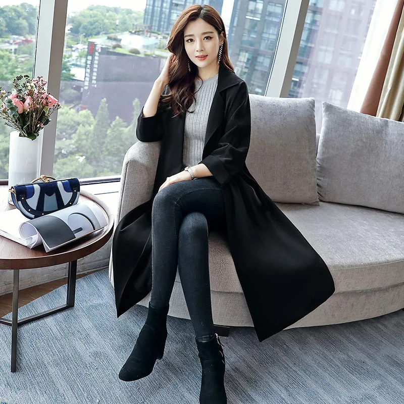 

2019 Autumn Slimming Commuting Solid Color Lace-up Pocket Slim Fit Long Trench Coat Qhyk1926