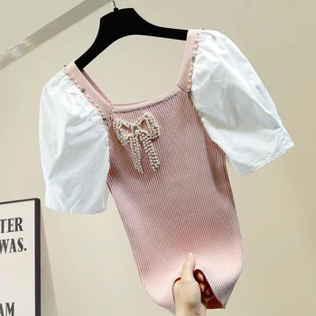 

Beaded Diamond Puff Sleeve Knitted Shirt Female 2020 New Style Slim Fit All-match Short-Sleeved Top Girls Ladies T Shirt Tops