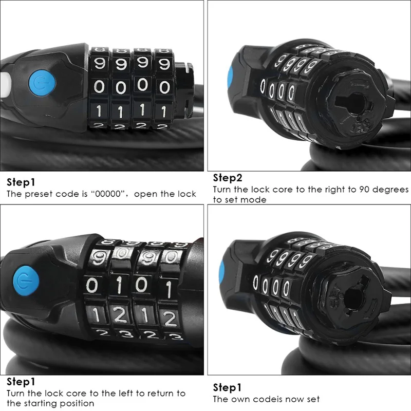 Bike Lock 4 Digit Code Combination Bicycle Security Lock Steel Cable Spiral Cycling Bicycle Lock with Lock Holder& LED Ligh