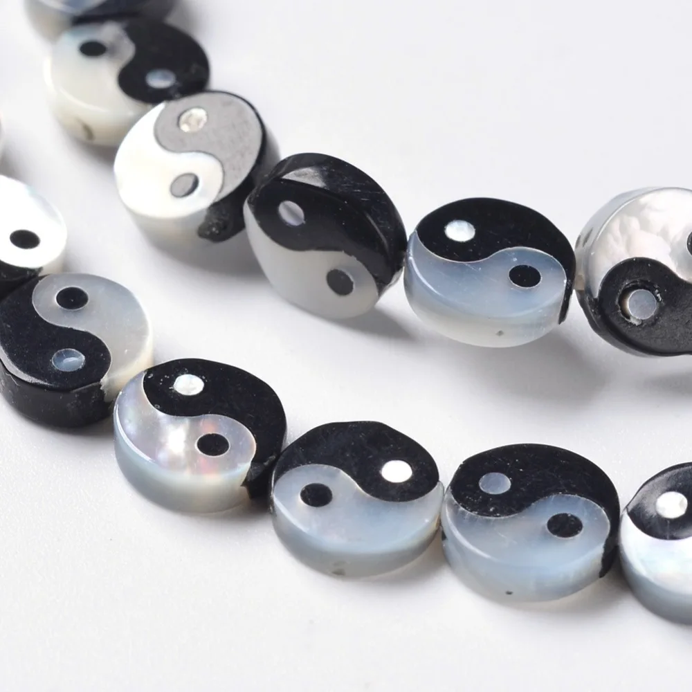 about 24pcs/strand Flat Round White Shell Bead Strands with Natural Black Stone for Jewelry making DIY Bracelet Necklace