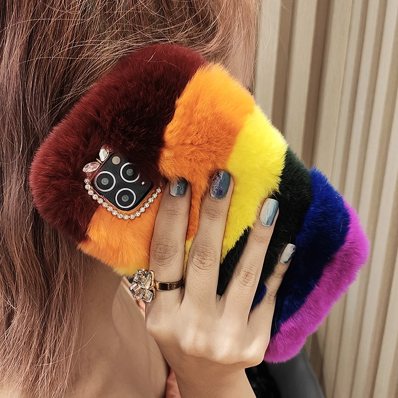 

For iPhone 13 12 Mini 11 Pro Max XS Max XR X 8 7 6 6S Plus SE Luxury Fashion Colorful Rainbow Super Soft Rabbit Fur Case Cover