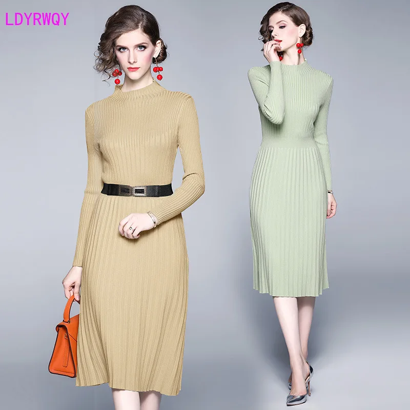 

2019 autumn and winter new European and American women's round neck long-sleeved waist slim slimming bottoming wild knit dress