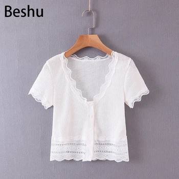

2020 Za New Casual Fashion Lady Female Women Women's clothes White Solid Lace V-Neck Short Sleeve Top