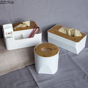

Plastic Tissue Box with Bamboo Cover Modern Multi-function Tissue Box Remote Control Mobile Phone Storage Tissue Box