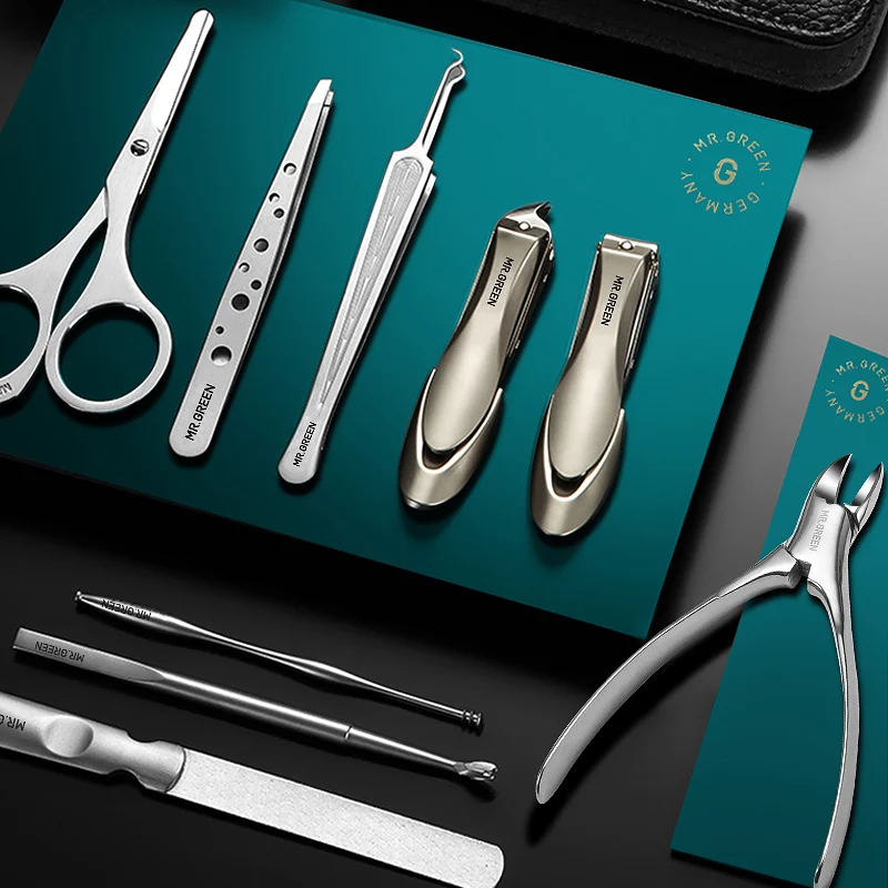 Najtaniej MR. Zielony wysokiej jakości Stainleess stali nierdzewnej zestaw do pielęgnacji 9 w 1 zestaw obcinaków do paznokci skóry wołowej pakiet Manicure pielęgnacja paznokci dobry prezent