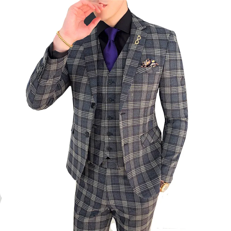

Men's Plaid Suit 3 Piece Set / British Style Business Gentleman High-end Slim (Jacket + Vest + Pants) Banquet Black Plaid Suits