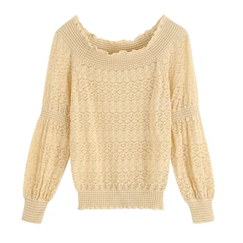 

New British summer retro sexy collar-shoulder hollow-out texture jacket thin knitted sweater