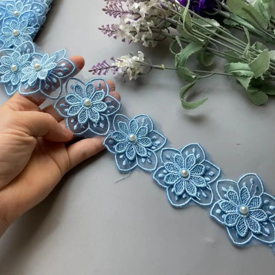 

2 Yard Lace Trim Blue Pearl 5.5cm Double Flower Embroidered Applique Fabric Ribbon DIY Sewing Craft For Costume Hat Decoration