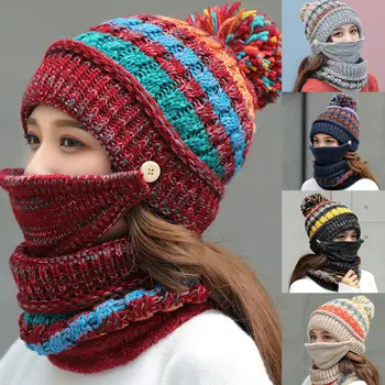 

3Pcs women winter hat and scarf set Plush Riding Knitted Hat Beanie Scarf Face Cover Cycling Warm Set for outdoor hiking travel