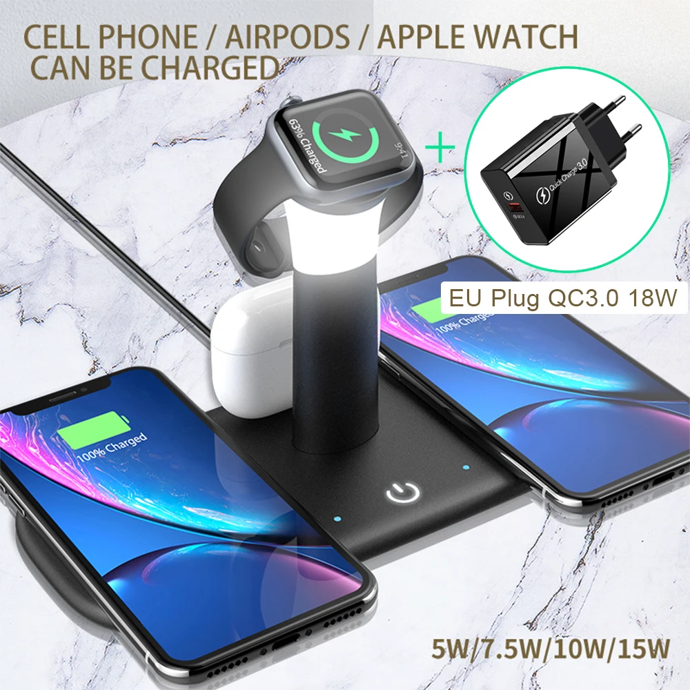 15W Qi Fast Wireless Charger For iPhone 12 11 XR X 8 Apple Watch 5 in 1 With Light Lamp Charging Dock Station Airpods Pro iWatch