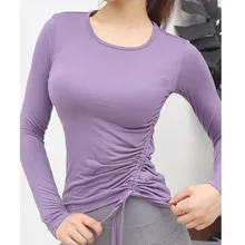 Спортивный топ, Женская Спортивная одежда для фитнеса, тренажерный зал, длинный рукав, дышащий Топ для йоги, женские топы Спортивные Футболки с завязками сбоку