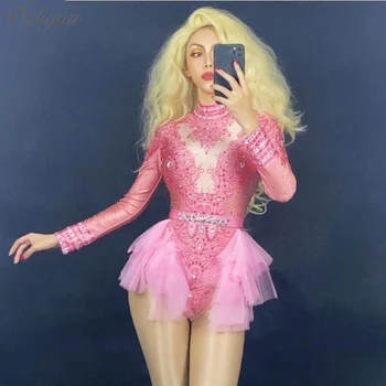 

Ailigou Pink Silver Rhinestone Long Sleeves Bodysuit Birthday Celebrate Prom Outfit Women Dancer Singer Party Show Outfit
