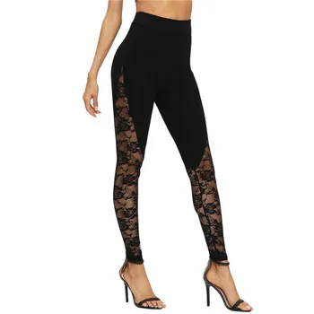 

Women Black Sexy Trousers Hollow Out Pants Rose Lace Patchwork Sweatpants Fashion Slim High Waist Leggings