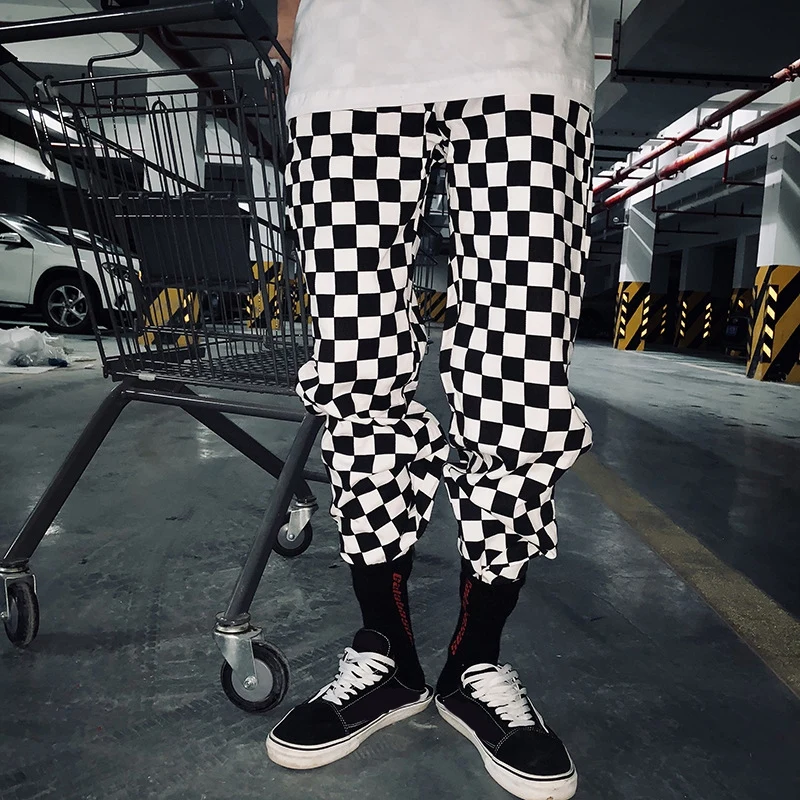 

Women's Pants 2019 New Black And White Checkerboard Plaid Casual High Waist Straight Pockets Loose Trousers Flat Wide Leg Pants#