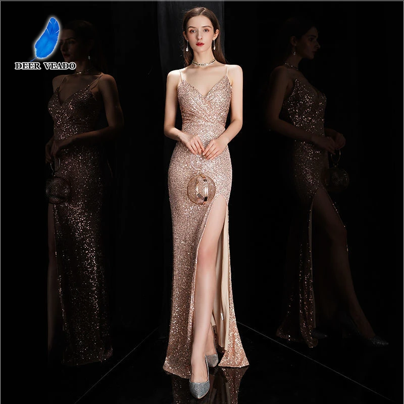 DEERVEADO Strap Prom Dresses Long Sequin Mermaid Evening Party Dress for Women Sexy V Neck Bodycon Maxi Dress Slit Prom Gown windsor prom dresses