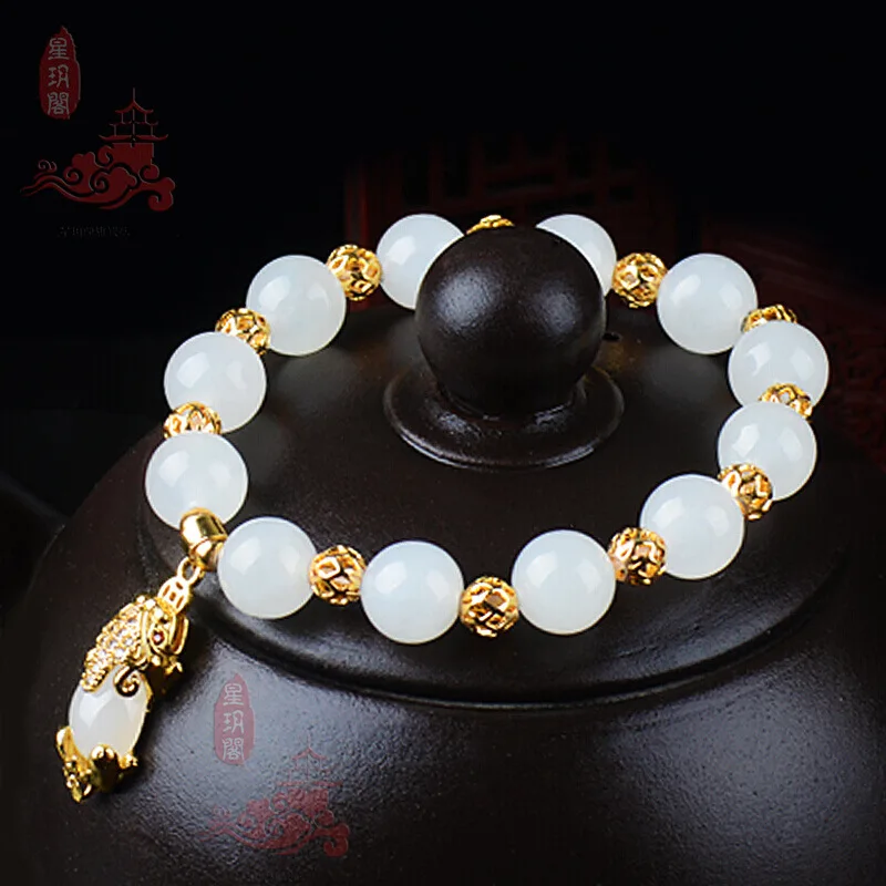 

Natural Hetian jaspe Bracelets Women's Spinach Green Jasper Bracelets Gold Jade Ornament Gift White Jade Pixiu Bracelets Emerald