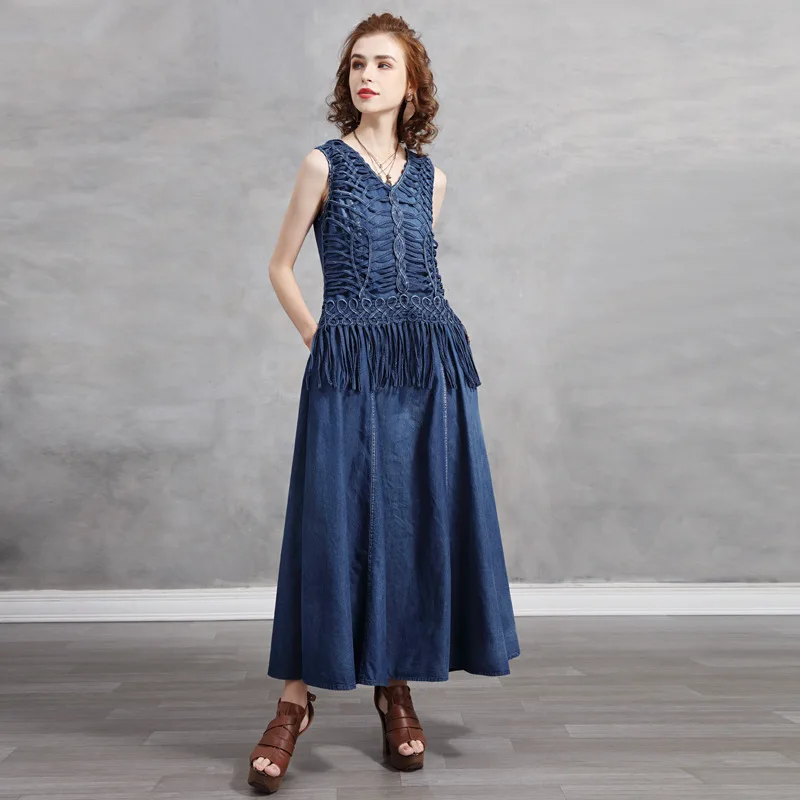 

Sexy V-Neck Sleeveless Denim Dress Summer Women Fashion Hollow Out Knitting Tassel Long Dresses Woman Vintage A Line Jeans Dress