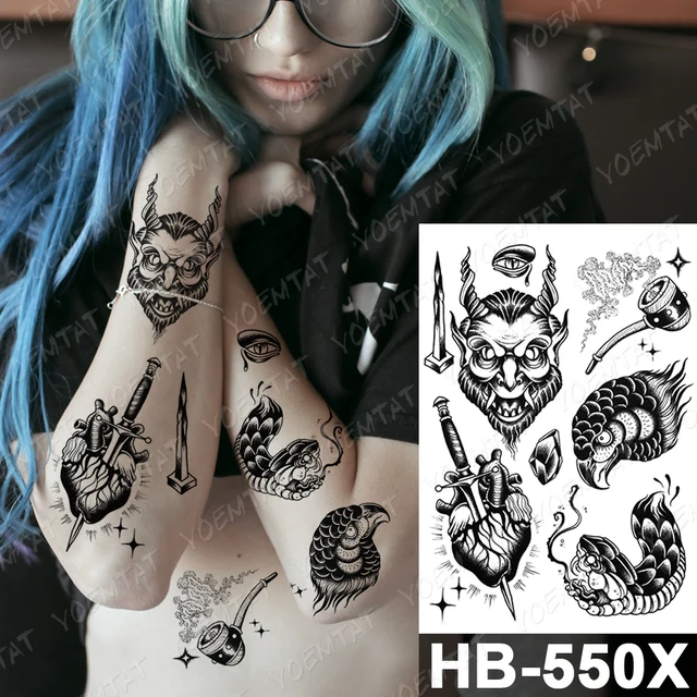 Waterproof Temporary Tattoo Sticker Dark Old School Moth Butterfly Flash Tattoos Snake Rose Body Art Arm Fake Tatoo Women Men 04-HB550X