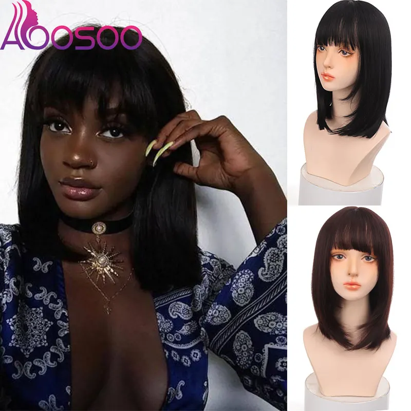 Preto em Linha Peruca com Franja Sintéticas para as Mulheres Resistente ao Calor Aoosoo Reta Curto Perucas Fibra Cabelo Peruca Cosplay Bob 1 High Quality Apliques e perucas
