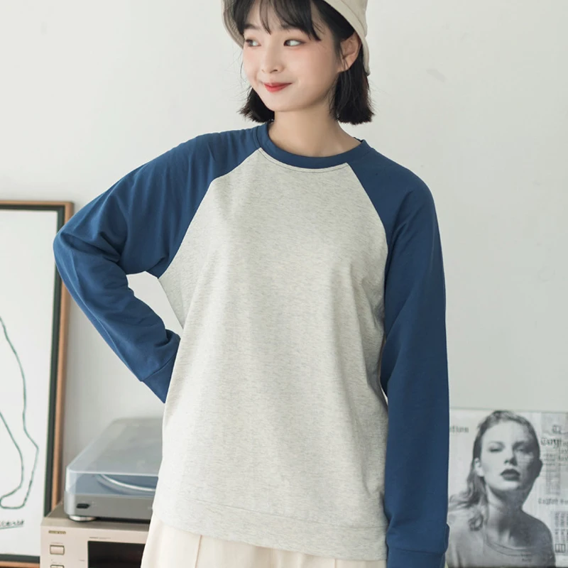 Autumn New Woman Tshirts Full Japanese Style Color Matching Cotton Soft Comfortable Loose Base Harajuku Tops Graphic Plus Size