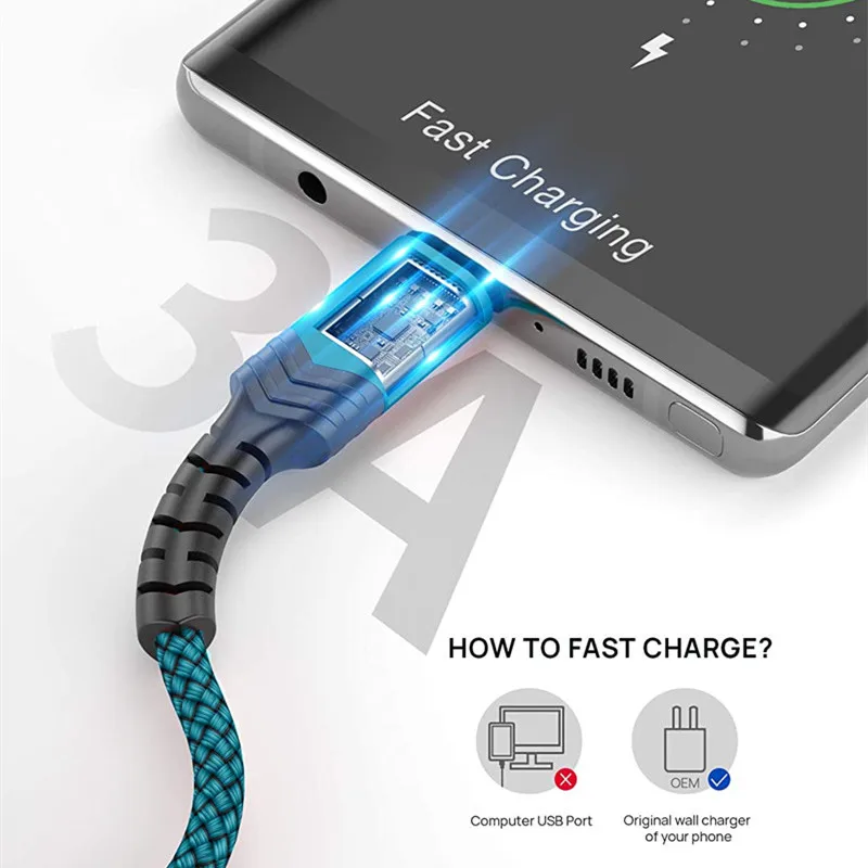 3A Fast Charging Type C Cable Charger Nylon Data Cord Micro USB Cable Android Mobile Phone Cable For Huawei Samsung S20 XiaoMi 9